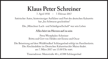Traueranzeige von Klaus Peter Schreiner von Süddeutsche Zeitung