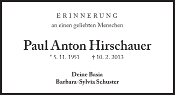 Traueranzeige von Paul Anton Hirschauer von Süddeutsche Zeitung