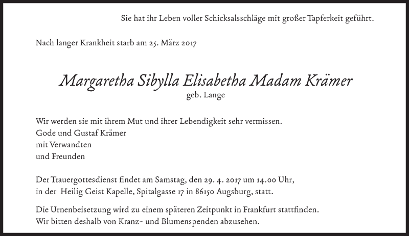  Traueranzeige für Margaretha Sibylla Elisabetha  Krämer vom 15.04.2017 aus Süddeutsche Zeitung
