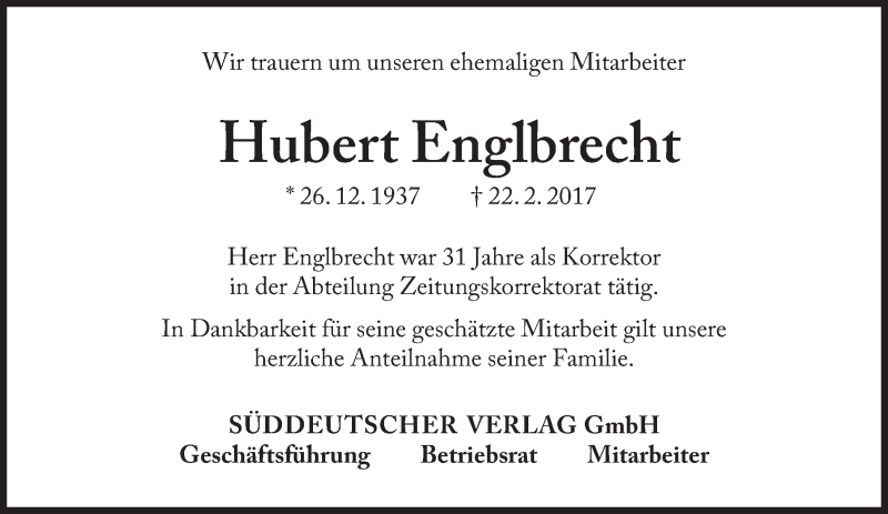  Traueranzeige für Hubert Englbrecht vom 08.03.2017 aus Süddeutsche Zeitung