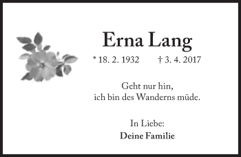 Traueranzeige von Erna Lang von Süddeutsche Zeitung