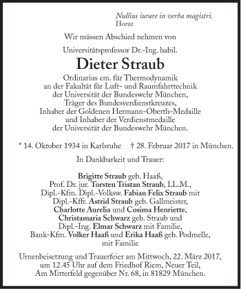 Traueranzeige von Dieter Straub von Süddeutsche Zeitung