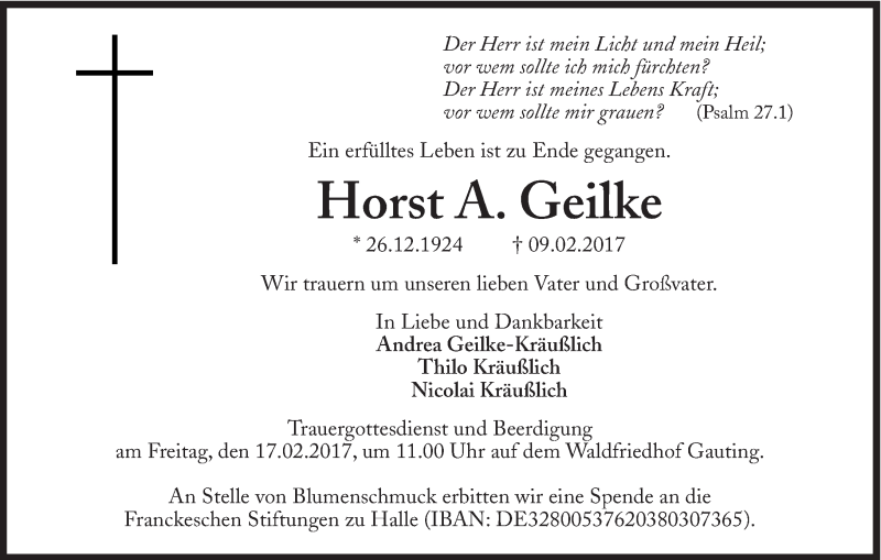  Traueranzeige für Horst A. Geilke vom 11.02.2017 aus Süddeutsche Zeitung