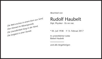 Traueranzeige von Rudolf Haubelt von Süddeutsche Zeitung