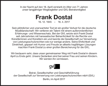 Traueranzeige von Frank Dostal von Süddeutsche Zeitung