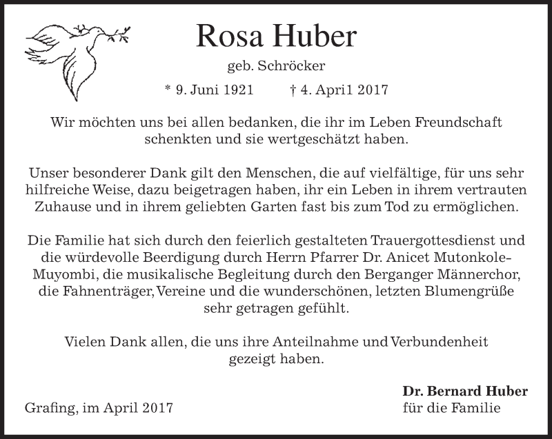  Traueranzeige für Rosa Huber vom 22.04.2017 aus Süddeutsche Zeitung