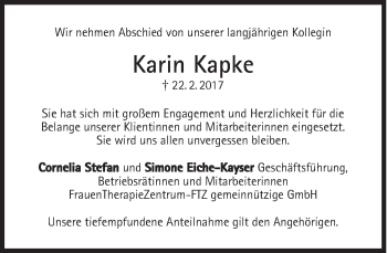 Traueranzeige von Karin Kapke von Süddeutsche Zeitung