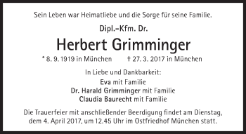 Traueranzeige von Herbert Grimminger von Süddeutsche Zeitung