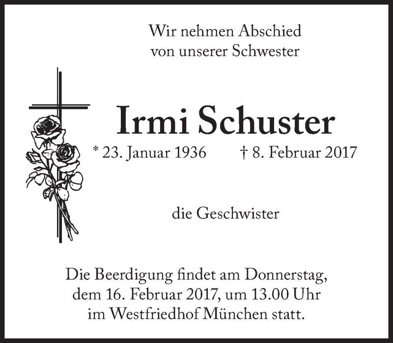  Traueranzeige für Irmi Schuster vom 13.02.2017 aus Süddeutsche Zeitung