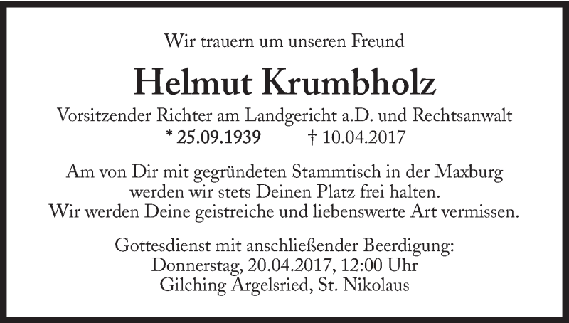  Traueranzeige für Helmut Krumbholz vom 18.04.2017 aus Süddeutsche Zeitung