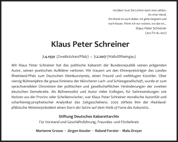 Traueranzeige von Klaus Peter Schreiner von Süddeutsche Zeitung