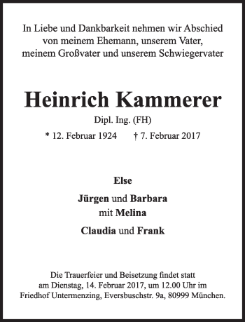 Traueranzeige von Heinrich Kammerer von Süddeutsche Zeitung