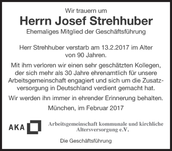 Traueranzeige von Josef Strehhuber von Süddeutsche Zeitung