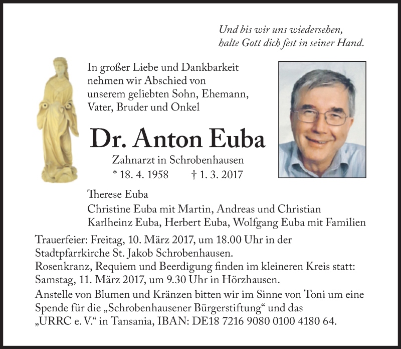  Traueranzeige für Anton Euba vom 07.03.2017 aus Süddeutsche Zeitung