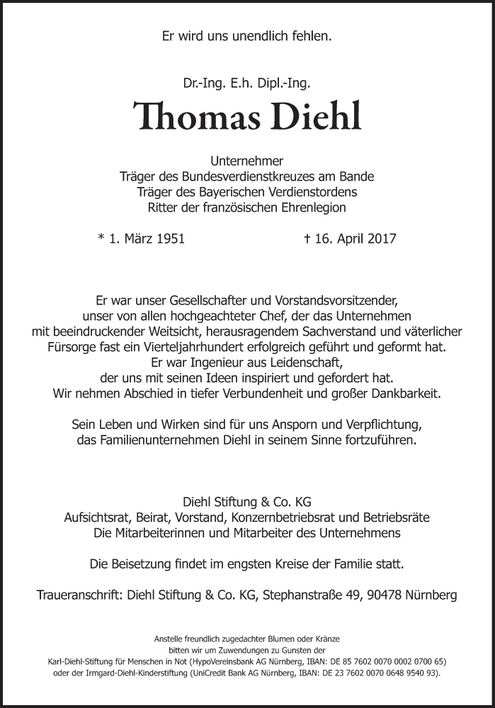  Traueranzeige für Thomas Diehl vom 22.04.2017 aus Süddeutsche Zeitung