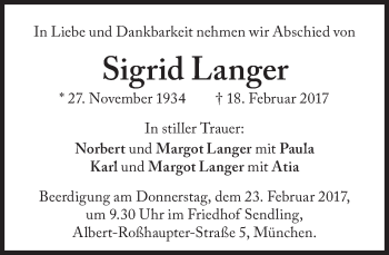 Traueranzeige von Sigrid Langer von Süddeutsche Zeitung