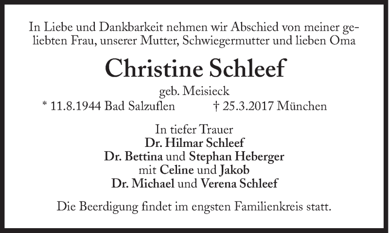  Traueranzeige für Christine Schleef vom 01.04.2017 aus Süddeutsche Zeitung