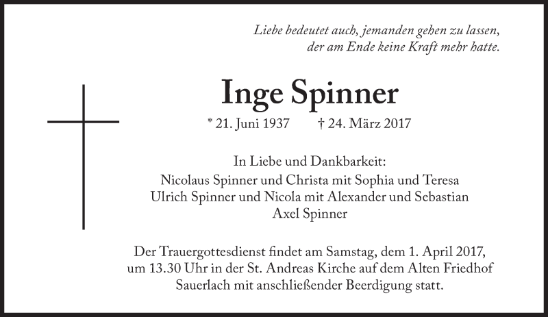  Traueranzeige für Inge Spinner vom 29.03.2017 aus Süddeutsche Zeitung