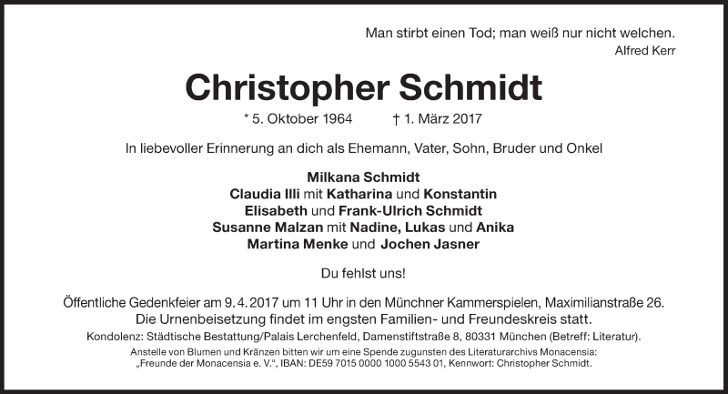  Traueranzeige für Christopher  Schmidt vom 25.03.2017 aus Süddeutsche Zeitung