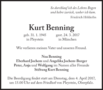 Traueranzeige von Kurt Benning von Süddeutsche Zeitung