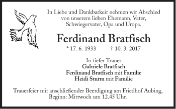 Traueranzeige von Ferdinand Bratfisch von Süddeutsche Zeitung
