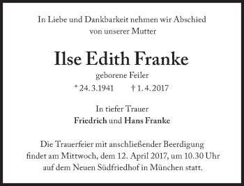 Traueranzeige von Ilse Edith Franke von Süddeutsche Zeitung