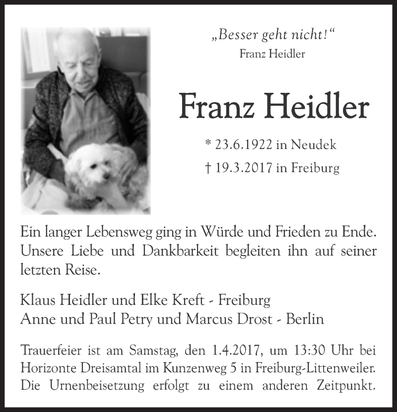  Traueranzeige für Franz Heidler vom 25.03.2017 aus Süddeutsche Zeitung
