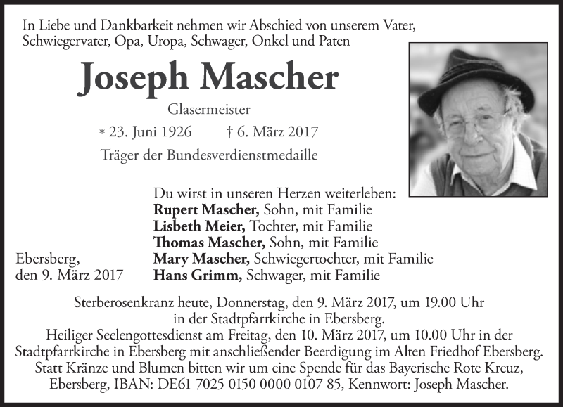  Traueranzeige für Joseph Mascher vom 09.03.2017 aus Süddeutsche Zeitung