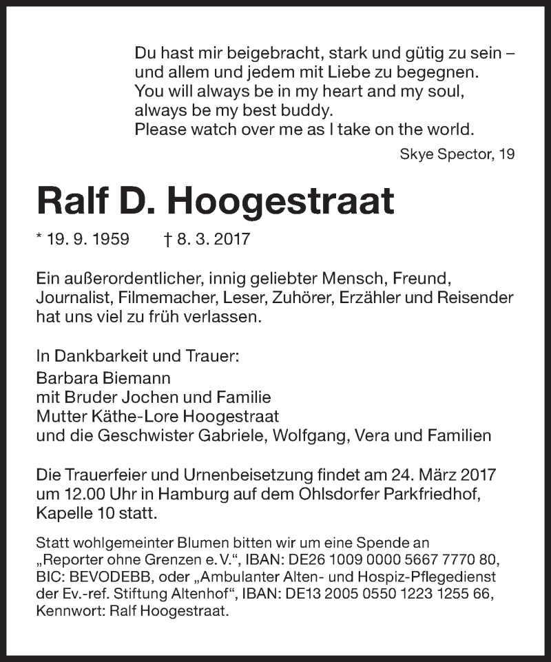  Traueranzeige für Ralf D. Hoogestraat vom 18.03.2017 aus Süddeutsche Zeitung