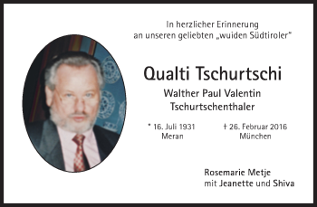 Traueranzeige von Walther Paul Valentin Tschurtschenthaler von Süddeutsche Zeitung