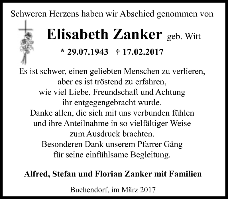  Traueranzeige für Elisabeth Zanker vom 11.03.2017 aus Süddeutsche Zeitung