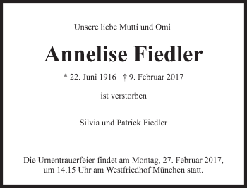 Traueranzeige von Annelise Fiedler von Süddeutsche Zeitung