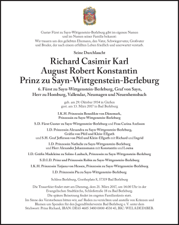 Traueranzeige von Richard Casimir Karl August Robert Konstantin Prinz zu Sayn-Wittgenstein-Berleburg von Süddeutsche Zeitung