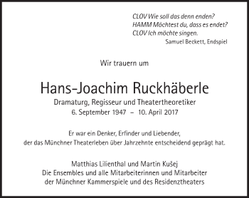 Traueranzeige von Hans-Joachim Ruckhäberle von Süddeutsche Zeitung
