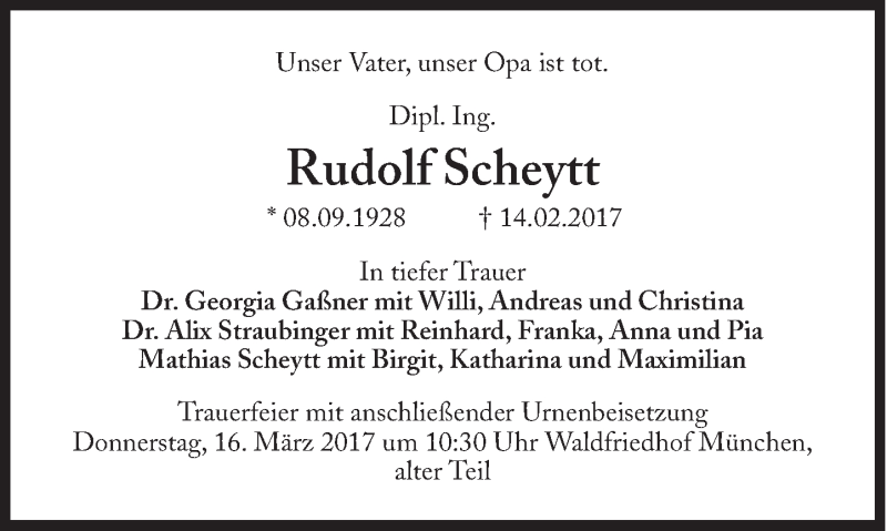  Traueranzeige für Rudolf Scheytt vom 18.02.2017 aus Süddeutsche Zeitung