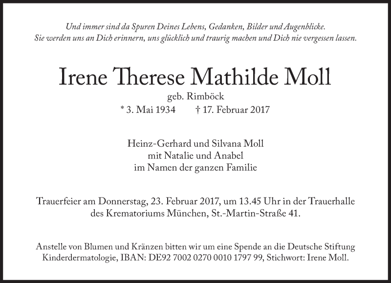  Traueranzeige für Irene Therese Mathilde Moll vom 22.02.2017 aus Süddeutsche Zeitung