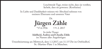 Traueranzeige von Jürgen Zähle von Süddeutsche Zeitung