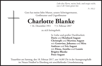 Traueranzeige von Charlotte Blanke von Süddeutsche Zeitung