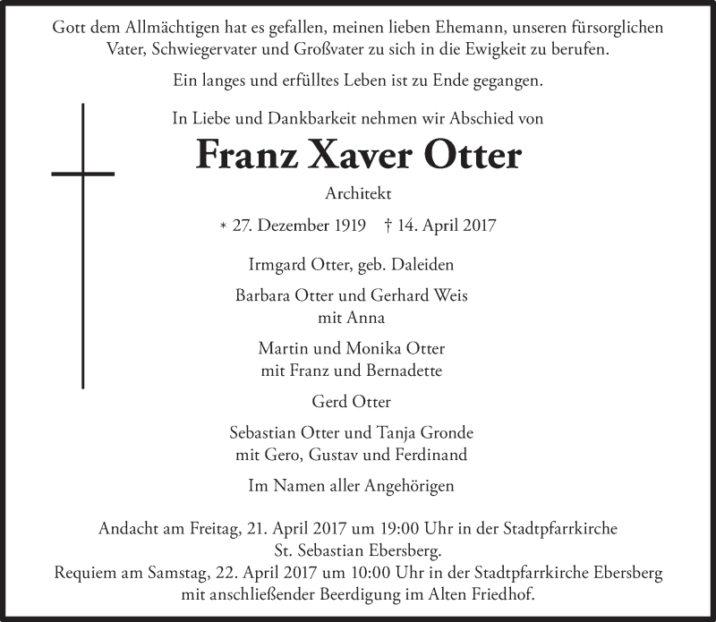  Traueranzeige für Franz Xaver Otter vom 18.04.2017 aus Süddeutsche Zeitung