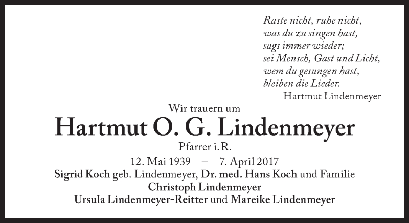  Traueranzeige für Hartmut O. G.  Lindenmeyer vom 12.04.2017 aus Süddeutsche Zeitung