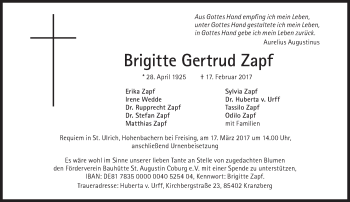 Traueranzeige von Brigitte Gertrud Zapf  von Süddeutsche Zeitung