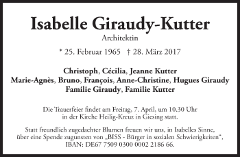 Traueranzeige von Isabelle Giraudy-Kutter von Süddeutsche Zeitung