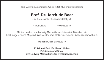 Traueranzeige von Jorrit de Boer von Süddeutsche Zeitung