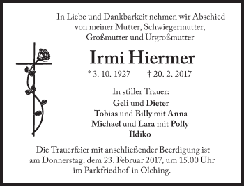 Traueranzeige von Irmi Hiermer von Süddeutsche Zeitung