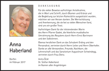Traueranzeige von Anna Haberland von Süddeutsche Zeitung