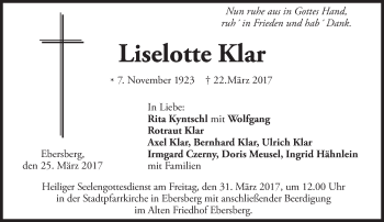 Traueranzeige von Liselotte Klar von Süddeutsche Zeitung