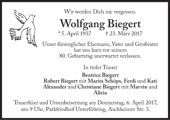 Traueranzeige von Wolfgang Biegert von Süddeutsche Zeitung