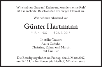 Traueranzeige von Günter Hartmann von Süddeutsche Zeitung