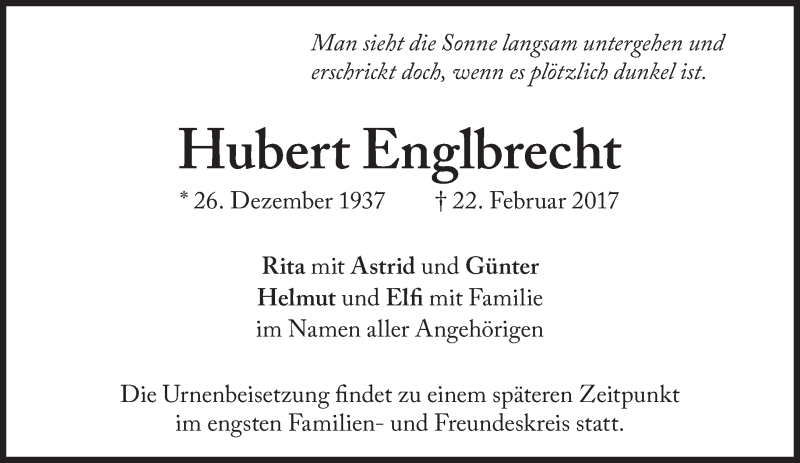  Traueranzeige für Hubert Englbrecht vom 08.03.2017 aus Süddeutsche Zeitung
