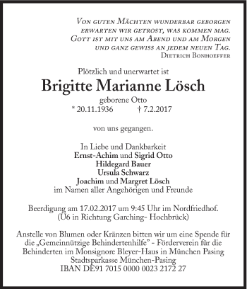 Traueranzeige von Brigitte Marianne Lösch von Süddeutsche Zeitung